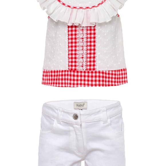 Gingham Girls Shorts Outfit in White and Red - Picture 2 of 8